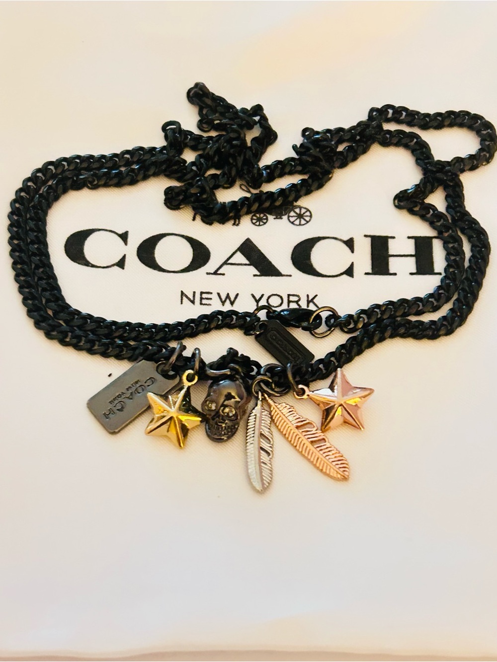 EXTREMELY RARE Coach Black Chain Necklace with Skull, Feather, Star Charms - Picture 5 of 16